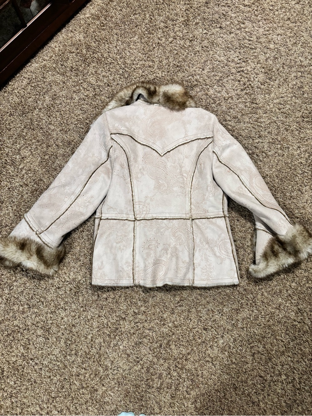 St. John's Bay Cream Jacket with Brown Faux-Fur Trim - Picture 4 of 5
